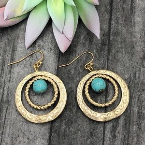 🌼 Double Circle Turquoise Gold Tone Dangle Earrings